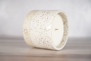 White glaze on white speckled ceramic candle vessel, second view