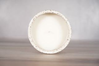 White glaze on white speckled ceramic candle vessel, fifth view